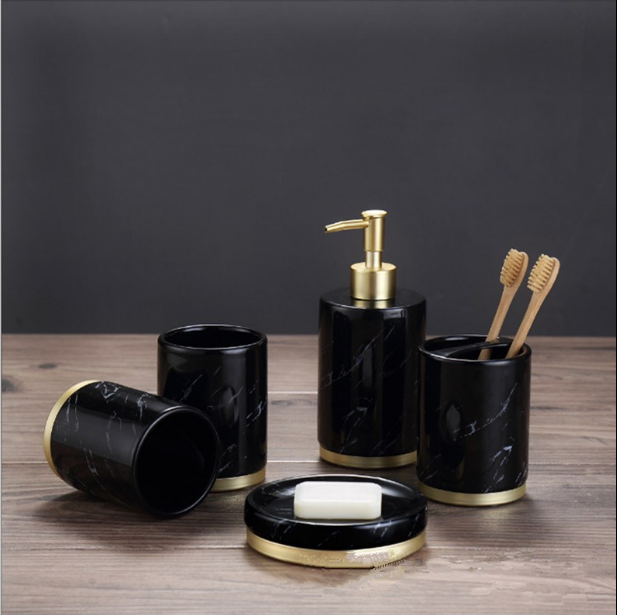 Pookni high end glazed ceramic 4 piece bathroom accessories set on a luxury resort style vanity countertop