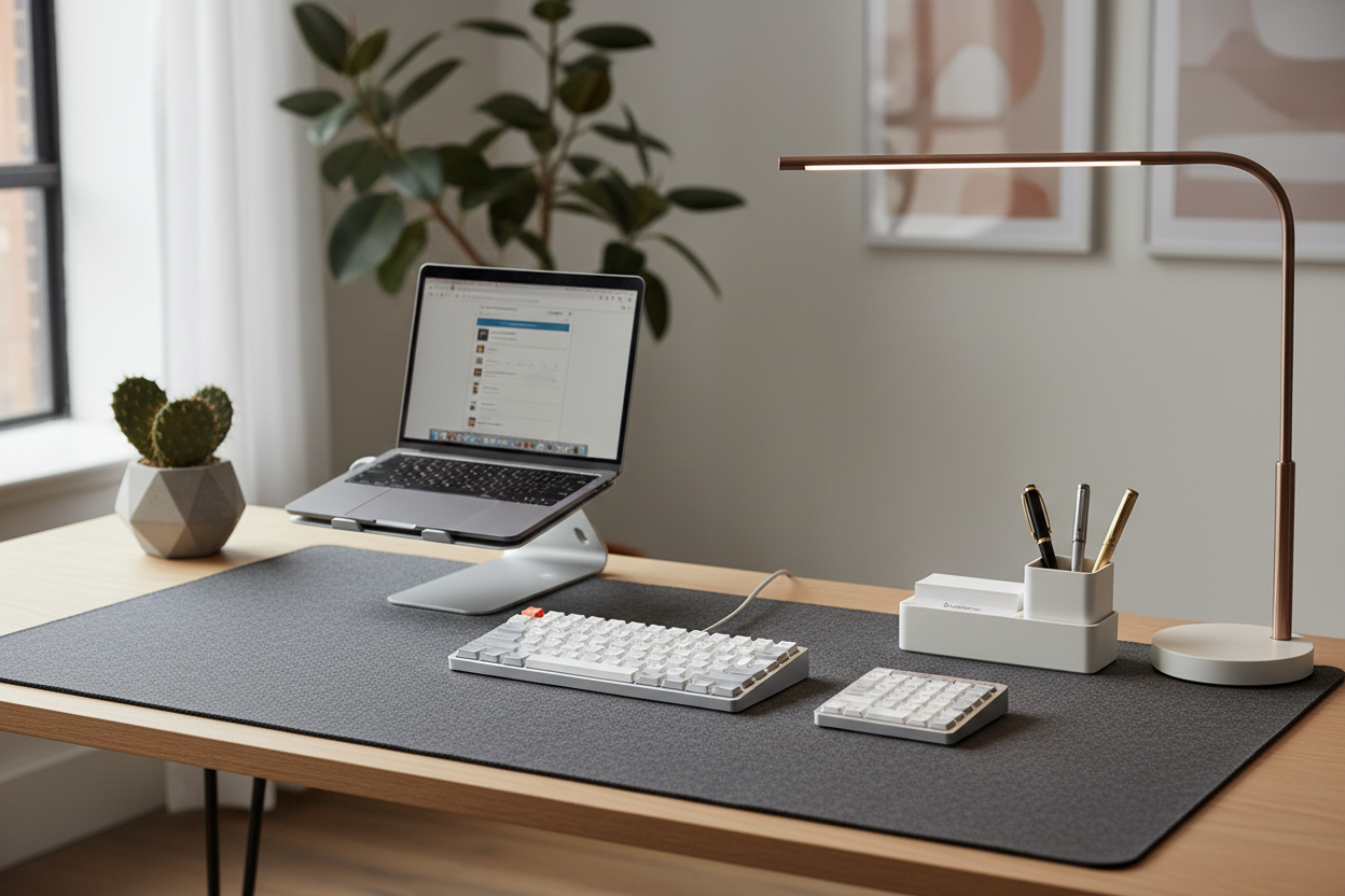 Pookni Workspace and Tech Decor collection showcasing a modern home office setup with a laptop, wireless keyboard, large desk mat, and elegant desk accessories