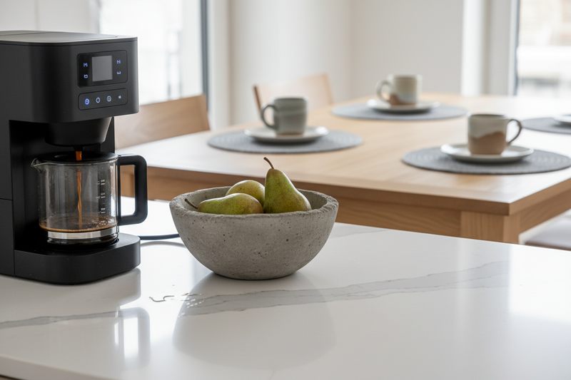 Pookni Smart Kitchen and Dining collection featuring a modern coffee maker and a bowl of fresh pears on a kitchen countertop