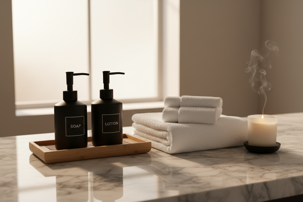 Pookni Luxury Bathroom Accents collection features elegant black dispensers and rolled white towels on a marble countertop