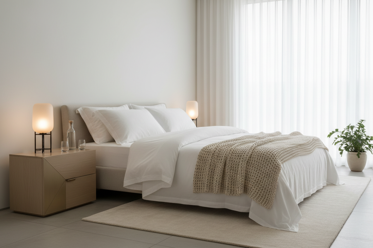 Pookni Cozy Bedroom Essentials collection showcasing a minimalist bedroom with a modern bed, beige throw blanket, stylish nightstand, and soft warm lighting
