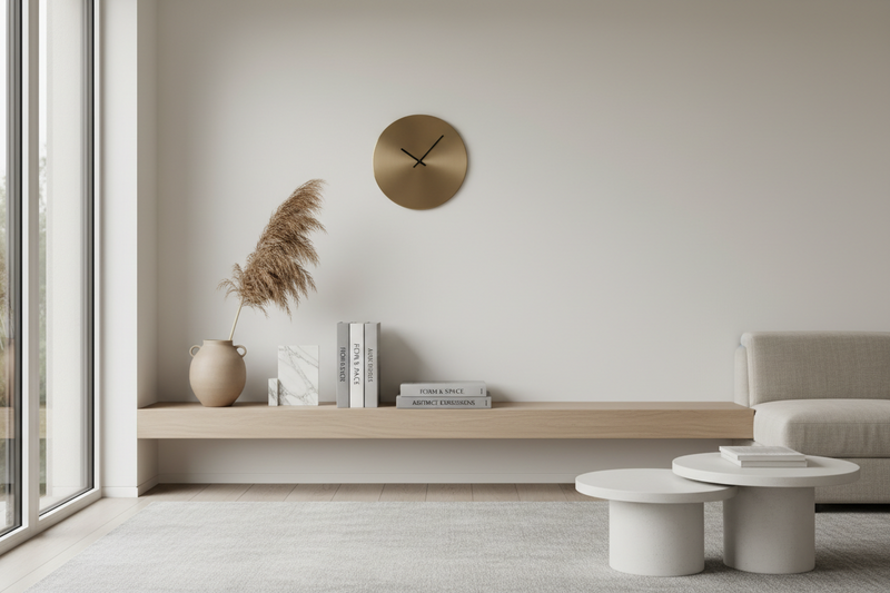 Pookni Living Room Aesthetics collection featuring a minimalist living room design with contemporary sculptures, artistic vases, and low round coffee tables