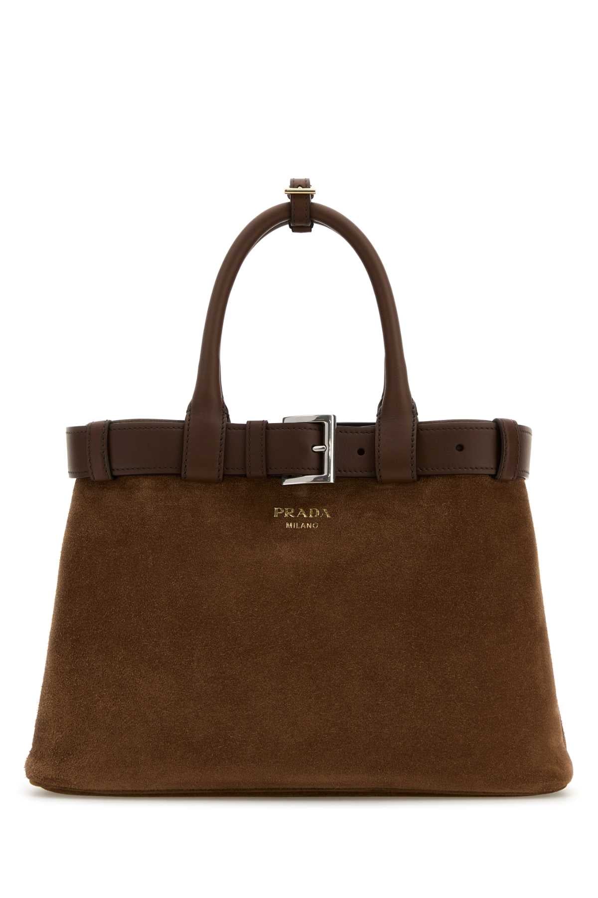 Prada Women Brown Suede Prada Buckle Medium Handbag