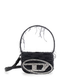 Diesel Women '1Dr' Black Shoulder Bag With Oval D Plaque With Rhinestones And Fringed Edges In Cotton And Leather Blend Woman