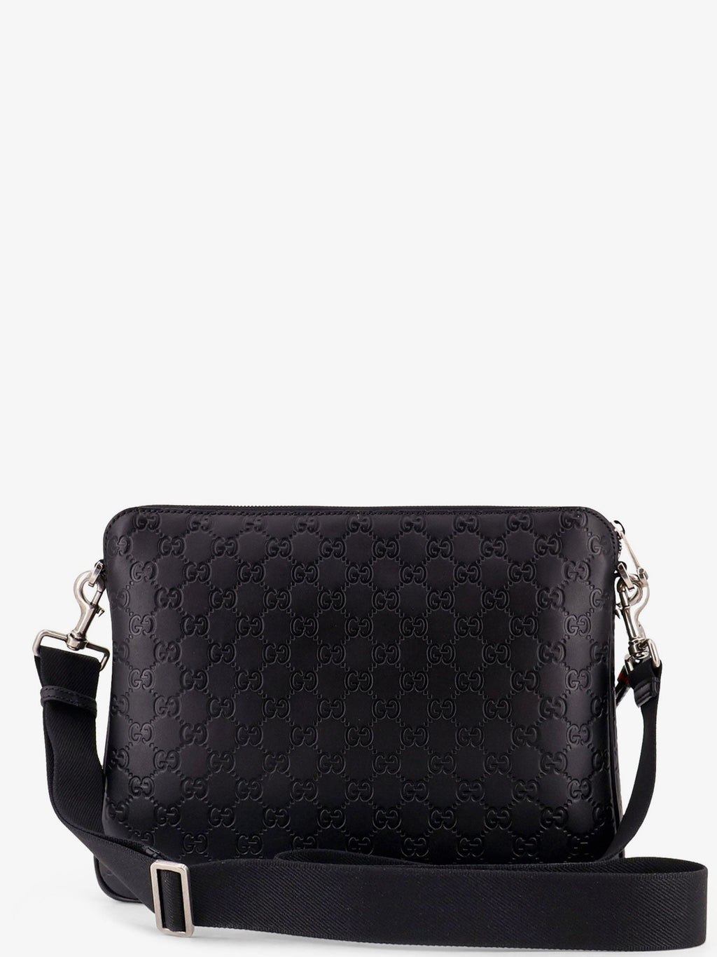 Gucci Men Leather Gg Emblem Crossbody Bag With Embossed Gg Motif