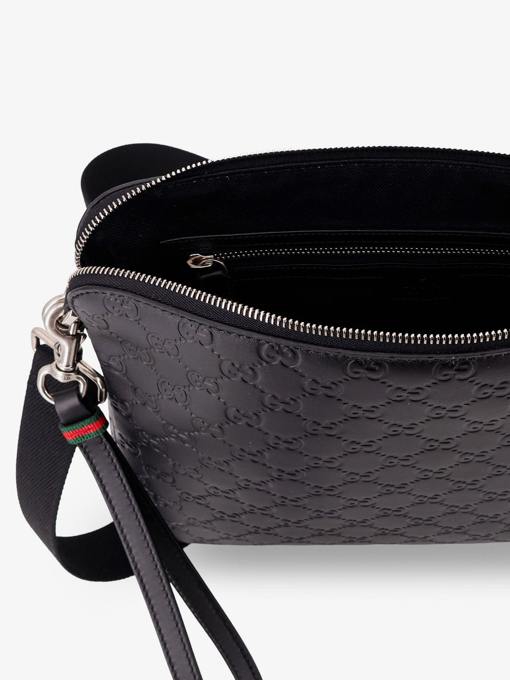 Gucci Men Leather Gg Emblem Crossbody Bag With Embossed Gg Motif